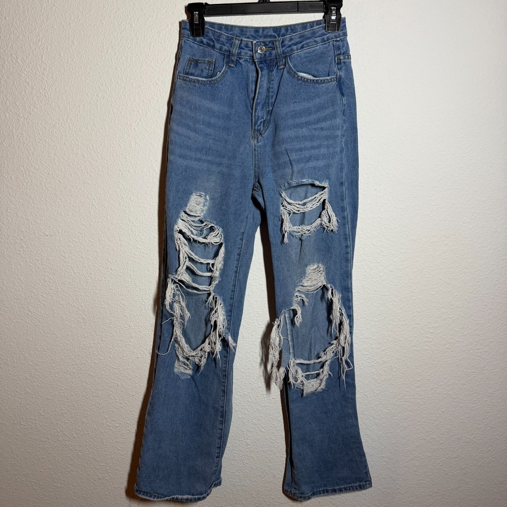 Bootcut Jeans Womens 26x28 Blue Medium Wash Denim Cotton Distressed Streetwear